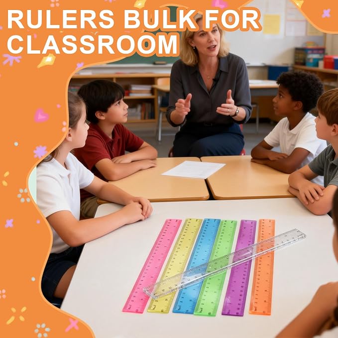 32 Pcs Multicolor Plastic Rulers - 12 Inch Shatterproof Flexible Measuring Tools with in/Cm Scales, Ideal for Classroom, Office & Art Projects