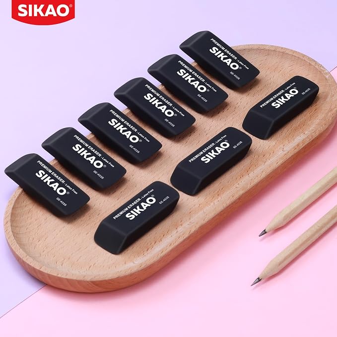 Black Erasers, 6 Pack Block Pencil Erasers | Latex-Free & Smudge-Free Beveled Rubber Erasers for School Supplies, Classroom, Office & Homework