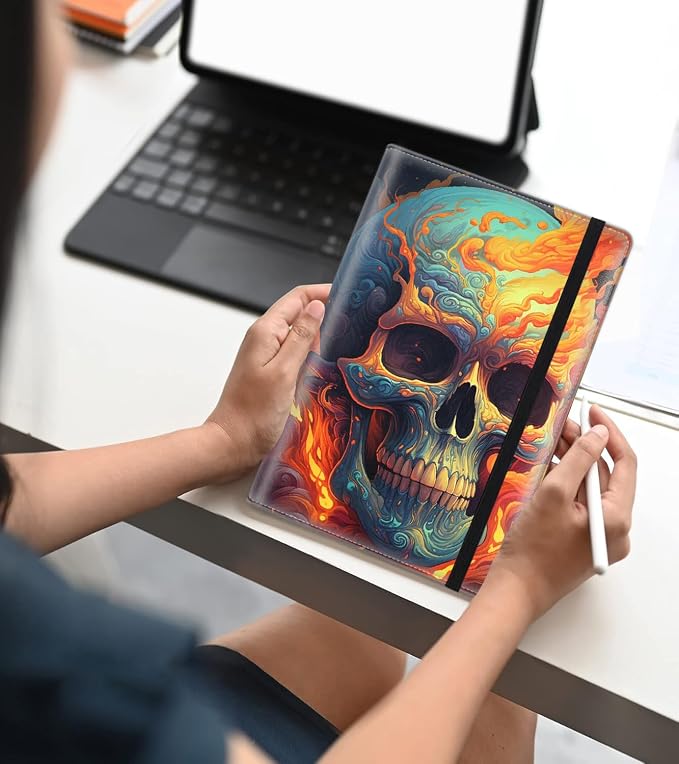 A5 Leather Lined Journal Notebook, 200 Pages Hardcover Executive Notebook for Men Women Office School Note Taking, Thick Writing Paper Daily Journal with Bookmarks/Indexes, Skull and Fire