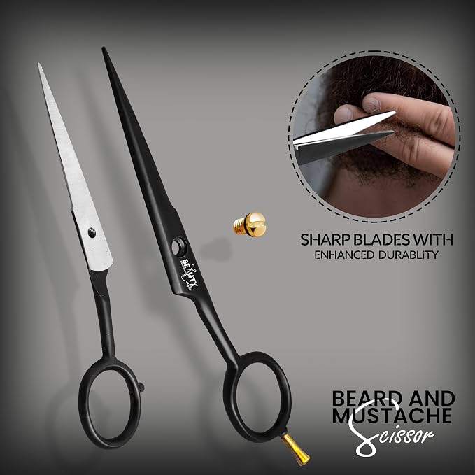 5'' German Beard Mustache Scissor- 2 Mustache Combs for Facial Hair with Beautiful Pouch -Beard Trimming Scissors for Grooming, Cutting, and Styling of Mustache (Black with Folding Comb)