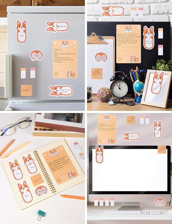 Corgis Sticky Notes Corgi Gifts for Corgi Lovers, Cute Cartoon Dog Post It Notes with 3 Point Pens, Self-Adhesive Writing Memo Pages Back to School Office Supplies