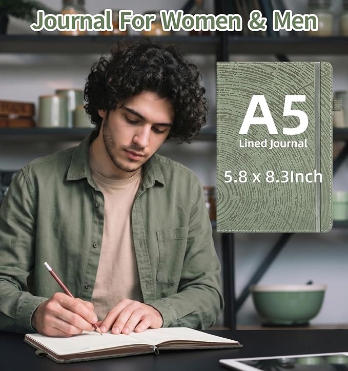 A5 Lined Journal Notebook for Women Men, Tree Ring Leather Journals for Writing, 200 Pages Thick Paper, Daily Journal Notebook for Work, School, Note Taking, Business, Travel, College Ruled