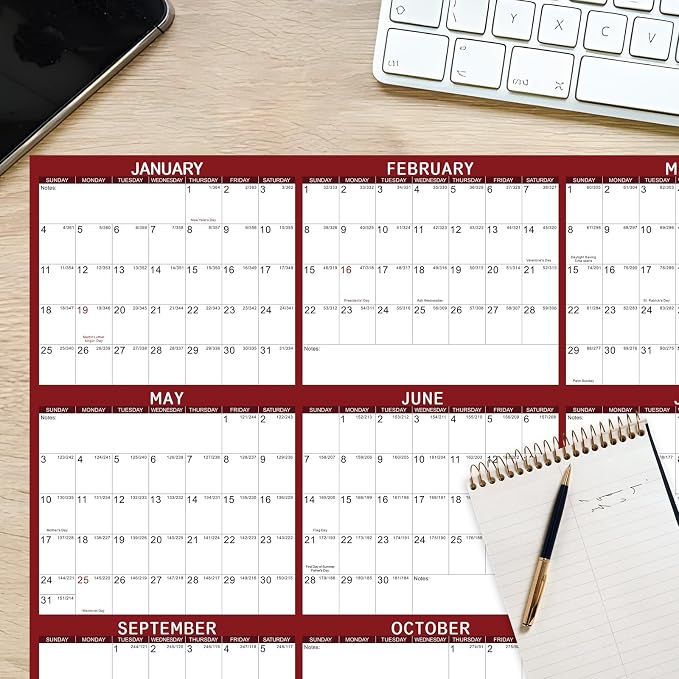 2026 Wall Calendar 24" x 36" Dry Erase Calendar for Wall from January 2026 to December 2026 12 Month Annual Large Yearly Wall Planner for Office School(Red)
