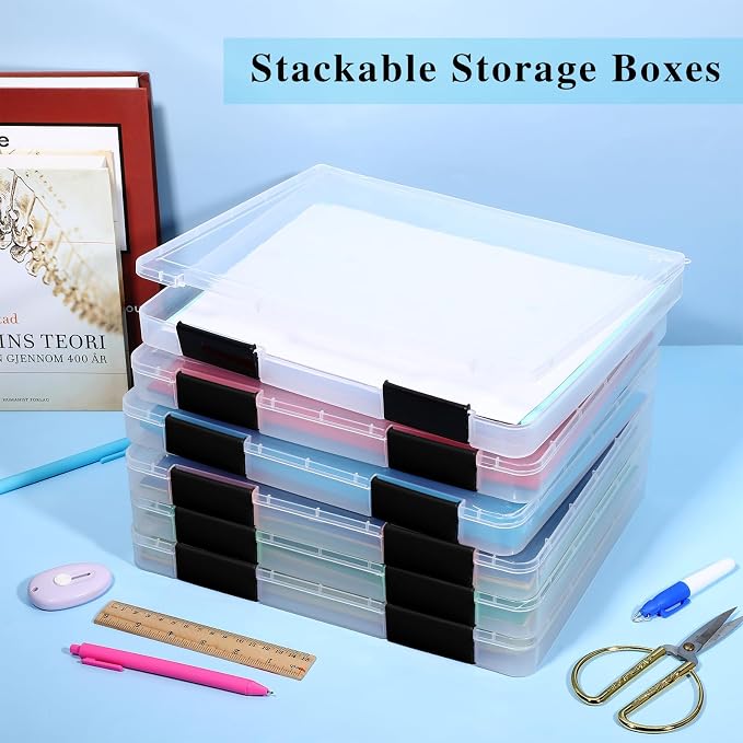 PerKoop 6 Pcs Clear Paper Storage Box,12.4 x 9.84 x 1.18 Inches,Black | A4 Plastic File Box Document Paper Organizer Storage Board Game Project Cases Containers with Buckle for Craft, Magazine