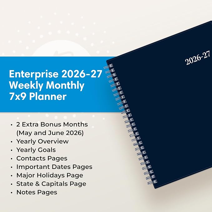 Blue Sky 2026-2027 Weekly & Monthly Academic Planner, 7"x9" Enterprise Navy | July 2026 - June 2027, Flexible Cover, Wirebound, Laminated Tabs, Academic Year