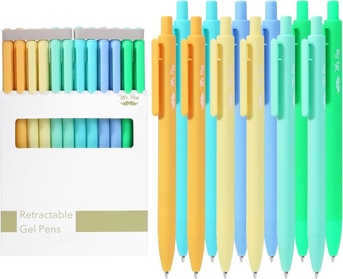 Mr. Pen- Retractable Gel Pens, 12 Pack, Black Ink, Fresh Color Barrels | Fine Point 0.5mm, Fast Dry, Smooth Writing, Cute Pens for Drawing, Writing Planner and School Supplies
