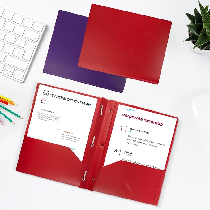 Plastic Folders with Pockets and Prongs,2-Pocket Folders with 3 Fasteners, Holds 8-1/2" x 11" Paper, Pastel Color (Bright Red, 60-Pack)