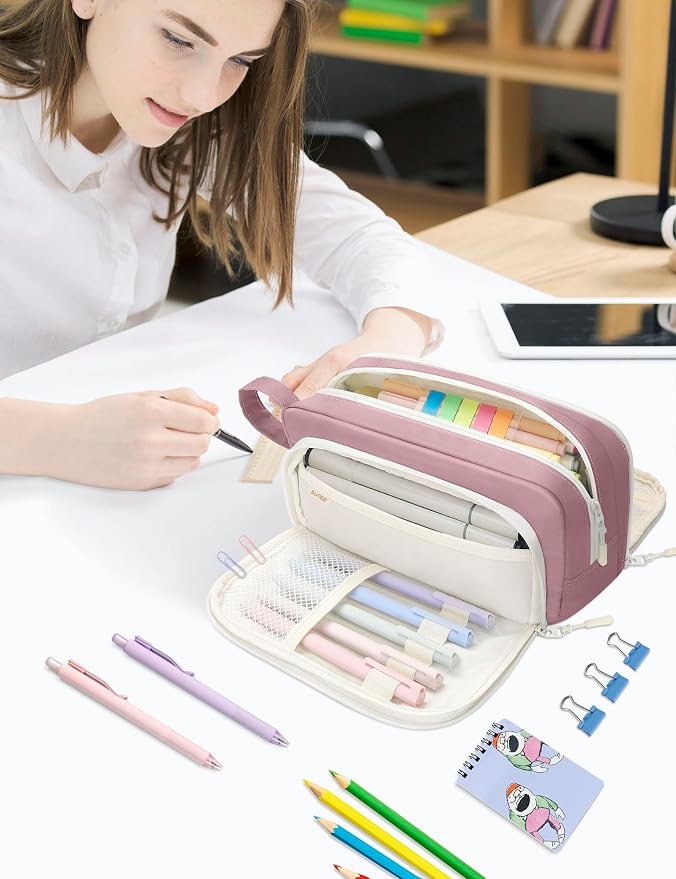 SUNEE Cute Pencil Case, Aesthetic Pen Pouch with 3 Compartments, Kawaii Colored Large Pencil Bag with Zipper, Stationery Storage and Organizer, Purple School Supplies for Teen and Adult Girls