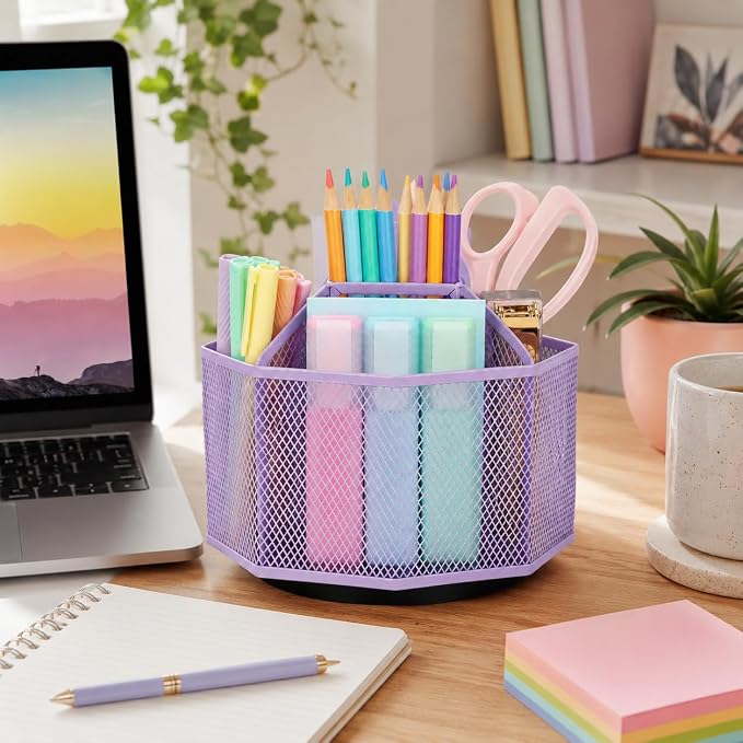 Exerz Desk Organizer 360 Rotating Pen Holder Storage Caddy Light Purple | Smooth Spinning Base With Open Mesh Sections Easy Access To Pens Brushes Scissors Daily Desk Tools