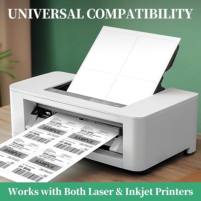400 Labels 4-Up 4" x 5'' Shipping Address Barcode Labels for Laser & Inkjet Printers, 100 Sheets, White, Permanent Adhesive, BIAlabel