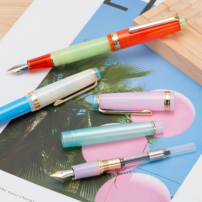 Jinhao 82 Acrylic Fountain Pen, Iridium Fine Nib with Ink Converter, Morandi Lake Blue Contrast Color Classic Design Smooth Writing Pen (Gold Trim)