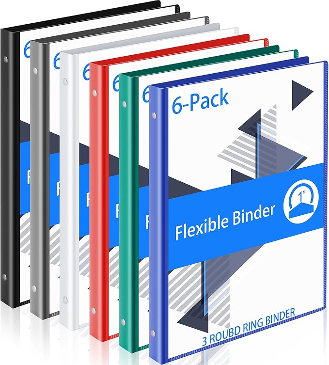 Fulmoon 6 Pack Plastic 3 Ring Binder Assorted Colors Economy Flexible Round Ring Presentation Binders with Pocket for Office School Meeting(1 Inch,Classic Colors)
