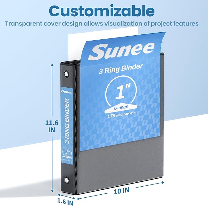 SUNEE Black Binders 1 Inch 24 Pack Bulk, Clear View 3 Ring Binders PVC-Free (Fit 8.5x11 Inches) for School or Office Supplies