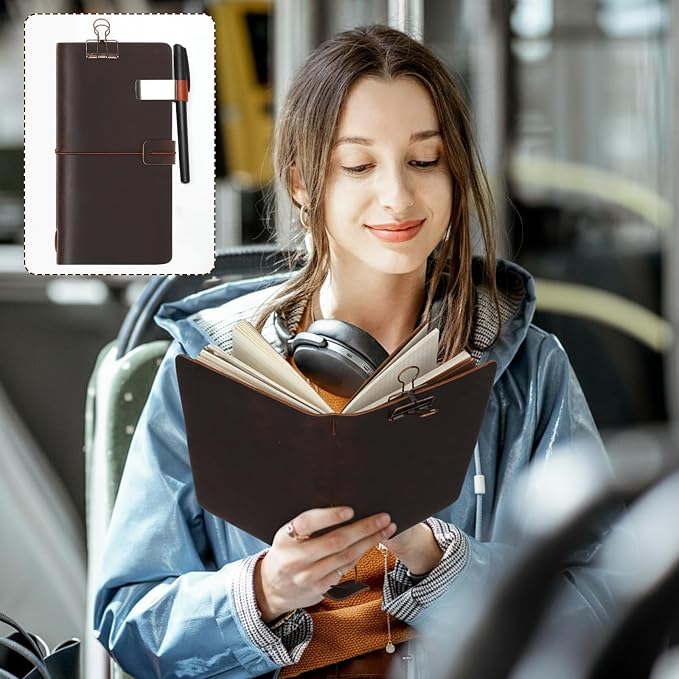 Thenshop Travelers Refillable Leather Journal Notebook Travel Diary Handmade Passport Travelers Journal for Men and Women with 3 Notebook Inserts, Pen Holder, Binder Clip(Dark Brown,Stand Size)