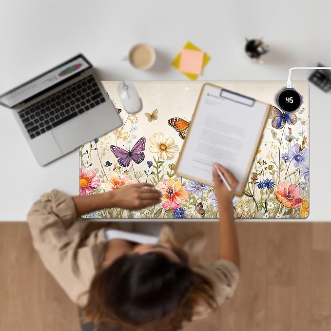 Heated Desk Pad Large Mouse Pad 23.6 x 14.1 inch with 3 Levels Heating & Auto Shut-Off Warm Mouse pad PU Leather Computer Mousepad for Home Office Work - Watercolor Butterflies and Flowers