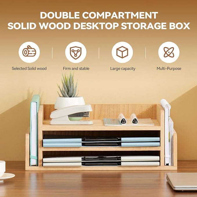 KIRIGEN Wood Desk Organizer, 5-Tray Letter Tray and Mail Sorter Natural 2TP | Solid Wood 3-Tier Desktop Organizer with 5 Storage Areas for Mail, Folders, Letter Paper and Office Supplies, Fully Assembled