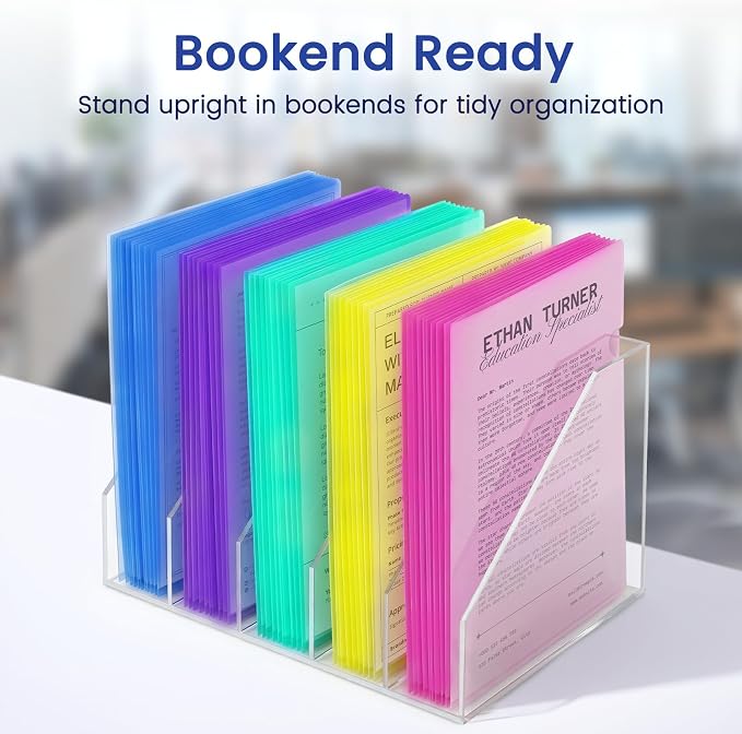 Sooez 50 Pack Clear Document Folder Project Pockets, Clear Plastic Folders Letter Size Plastic Document Folders Paper Poly Jacket Sleeves Folders Copy, 5 Assorted Colors