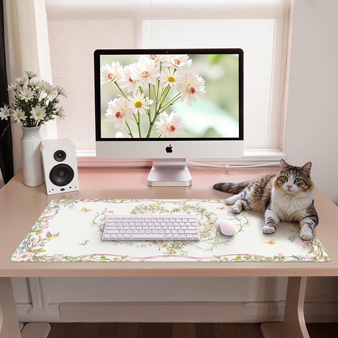 iCasso Desk Matt for Desktop,Cute Desk Pad White,Anti-Slip Large Gaming Mousepad XXL,Soft Lycra Surface Computer Mat Women,Girly Keyboard Pad for Home Office