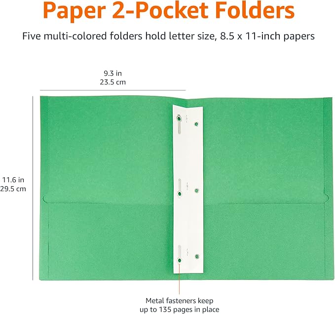 Amazon Basics Twin Pocket File Folders with Fasteners, Letter Size, Business Card Slot, Assorted Colors, 50-Pack