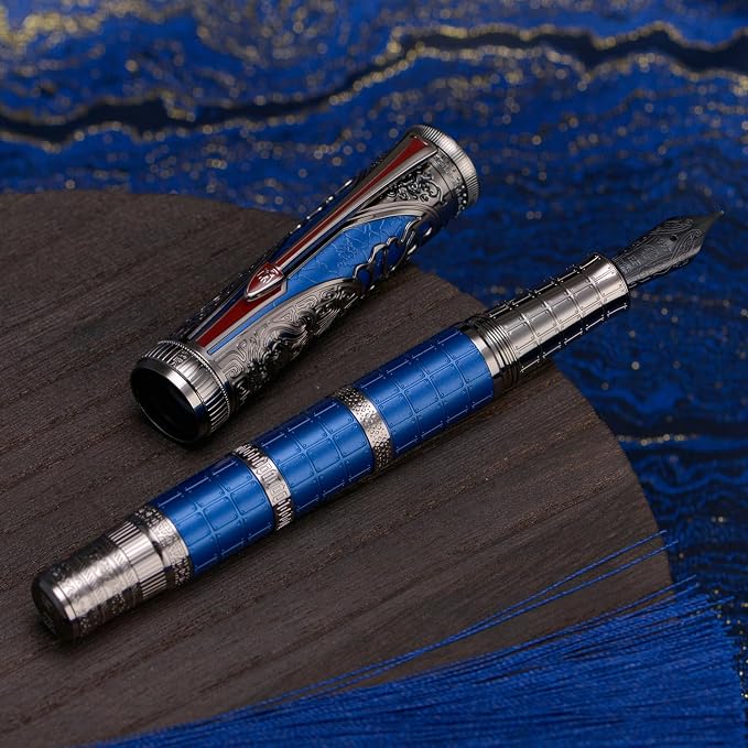 Hongdian D5X Fountain Pen Blue Color Extra Fine Nib, Qin Dynasty Retro Chinese Totem Engraving Smooth Writing Pen with Converter and Pen Box Set