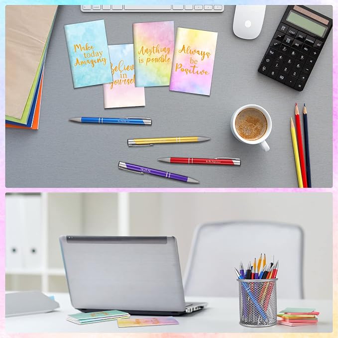 Geyee 24 Pcs Mini Motivational Pens Inspirational Notepads Bulk Appreciation Gifts Small Journals Funny Ballpoint Pen Set Prizes Men Women Office Travel Party Favors(Pastel)