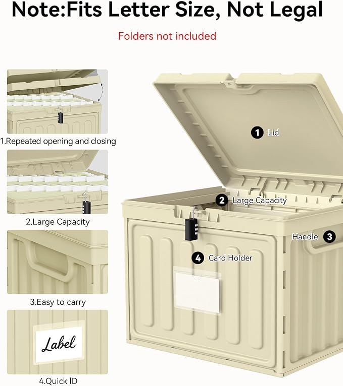 Oterri Lockable Plastic File Box with Lid – Hanging File Folder Organizer for Letter Size Documents, Stackable Storage for Home Office, School, and Desk (Khaki, Large-2 Pack Without Folders)