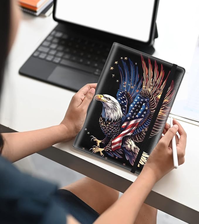 A5 Leather Lined Journal Notebook, 200 Pages Hardcover Executive Notebook for Men Women Office School Note Taking, Thick Writing Paper Daily Journal with Bookmarks/Indexes,Eagle American Flag