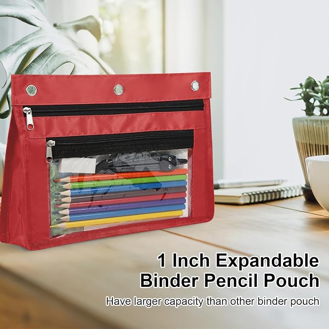 YoeeJob 2 Pack 1 Inch Expandable Zipper Pencil Pouches with Clear Window for 3 Ring Binder, Suitable for School & Office(Red)