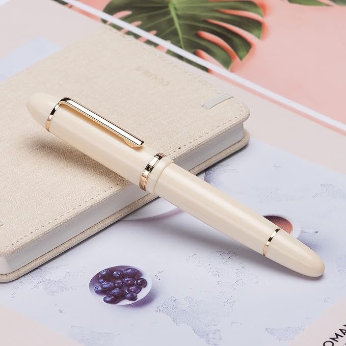 Jinhao X159 Ivory White Acrylic Fountain Pen, Size 8 Extra Fine Nib Gold Trim Classic Design Smooth Writing Pen with Converter