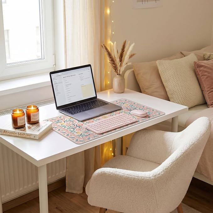 iCasso Pink Aesthetic Flower Mouse pad for Laptop, Desk Matt for Desktop 13.7"x23.6", Anti-Slip Mousepad with Stitched Edges for Laptop Computer Keyboard(Pink Floral)