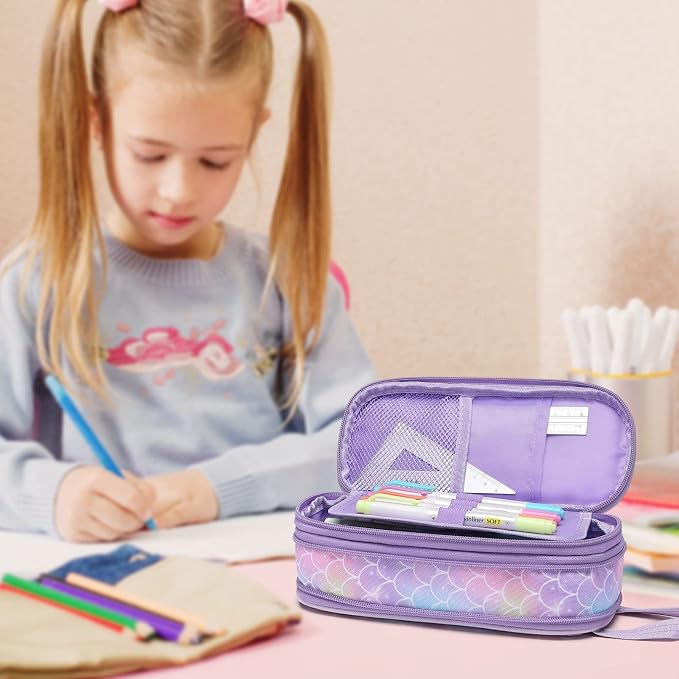 Bagseri 2 Pack Pencil Case for Girls - Expandable Cute Pencil Pouch for Kids Large Capacity Pencil Bag Organizer for School (Purple Mermaid and Pink Unicorn)