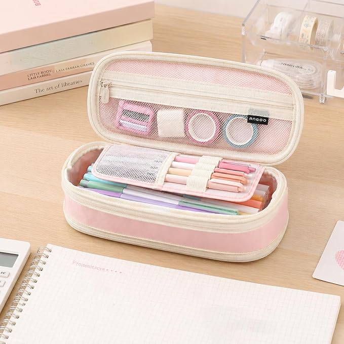Large Capacity Pencil Case Pencil Bag with Zipper Pencils Pouch Organizer | Pink, Portable, Sturdy Zipper, Office College Stationery, Aesthetic Pen Bag, Multiple Pockets, Storage Travel Holder Box