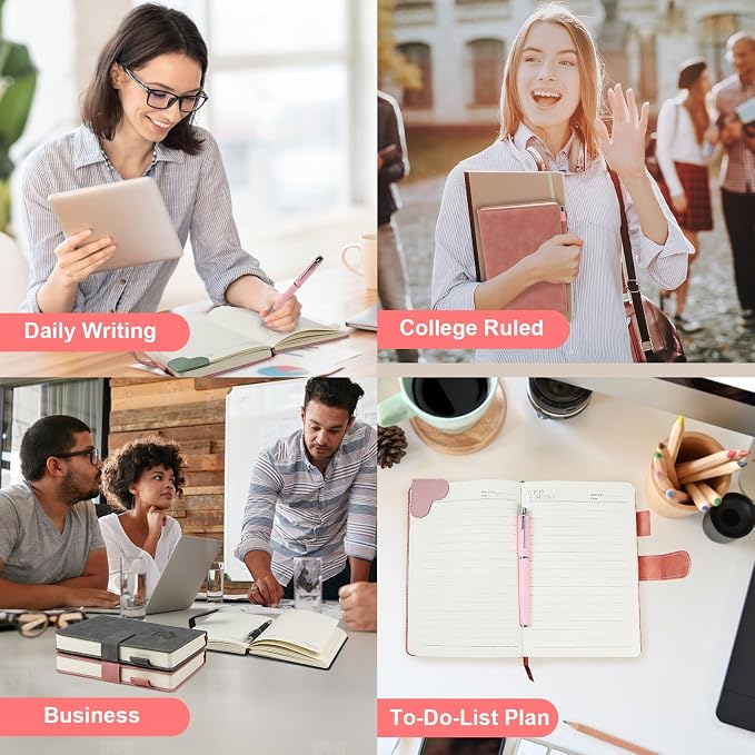 A5 Leather Journal for Women Men, Hardcover Notebook Set with Pen, Pink | 360 Pages 100GSM Lined Paper, Includes 6 Heart Bookmarks, Gift Box & Bag. Birthday, Graduation, Christmas, Appreciation Gifts