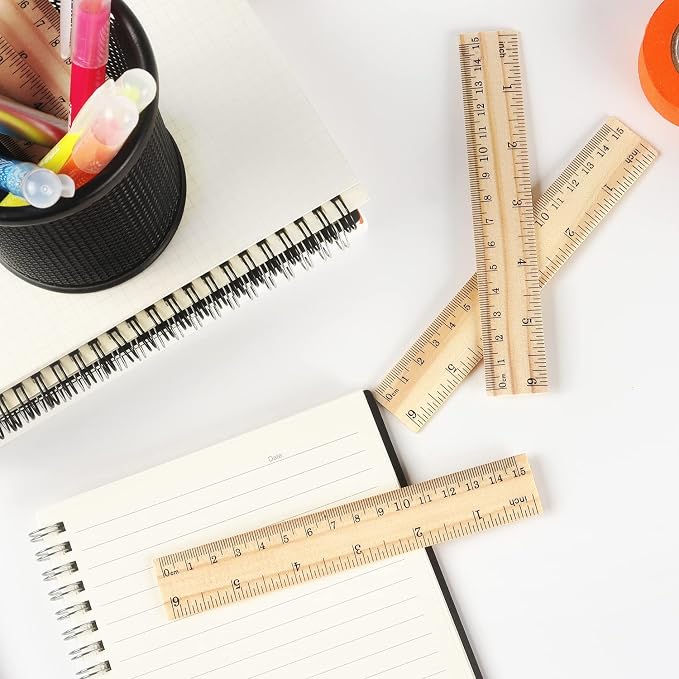 ZZTX 3 Pack Wooden Ruler 6 Inch(15 cm) | 2-in-1 scale design, Durable material, Double level design