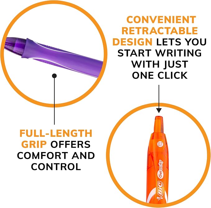 BIC Gelocity Quick Dry Assorted Colors Gel Pens, Medium Point (0.7mm), 3-Count Pack, Retractable Gel Pens With Comfortable Full Grip