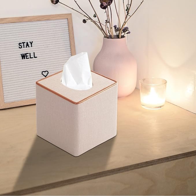 Linen Square Tissue Box Cover,Cube Tissue Box Holder-Excellent Rosegold Leather Decoration,Table Napkin Case Dispenser,Facial Tissues Organizer with Magnetic Bottom for Home Office Car(Beige)