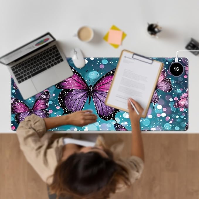 Heated Desk Pad Large Mouse Pad 31.5 x 13 inch with 3 Levels Heating & Auto Shut-Off Warm Mouse pad PU Leather Computer Mousepad for Home Office Work - Green Glitter Butterflies