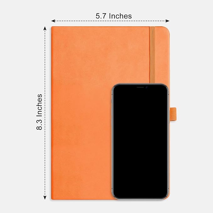 RETTACY Dotted Journal Notebook, 192 Pages, A5 Medium Size (5.7'' x 8.3'') | Leather Hardcover, 100 GSM Thick Paper, for Journaling, Planning, Tracking (Orange)