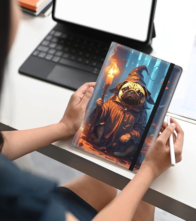 A5 Leather Lined Journal Notebook, 200 Pages Hardcover Executive Notebook for Men Women Office School Note Taking, Thick Writing Paper Daily Journal with Bookmarks/Indexes, Pug Wizard