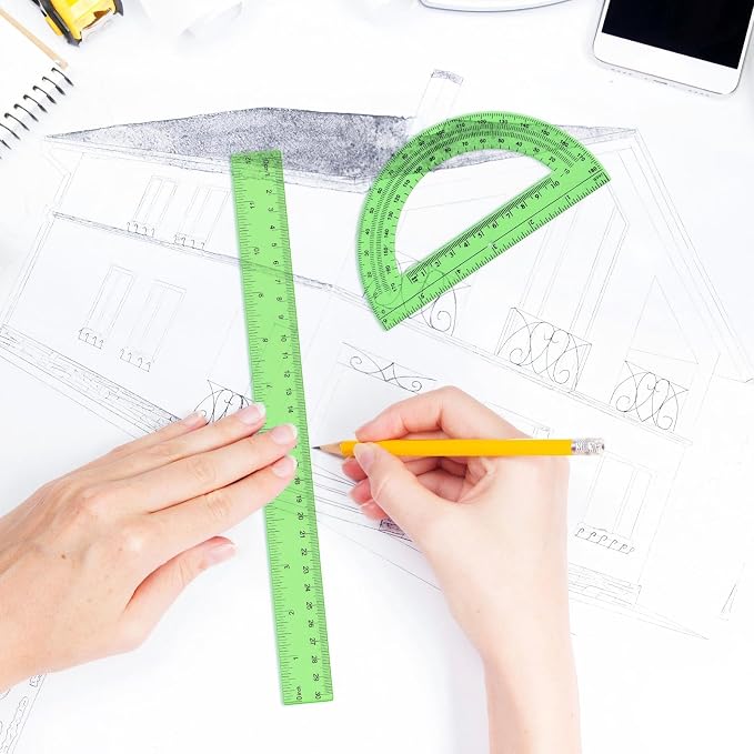 Zonon 2 Pcs 12 Inch Clear Ruler and 6 Inch Plastic Protractor Set, Dual Scale Inch/Cm Math Geometry Measuring Tools for Back to School Students Teachers Classroom Office Drafting Use(Green)