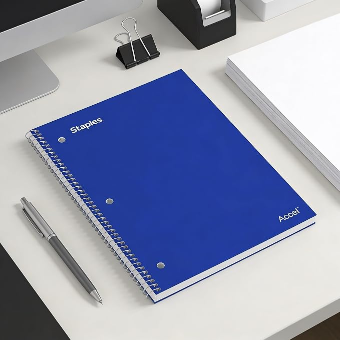 STAPLES Accel 1‑Subject Notebook, 8.5” x 11”, College Ruled, 100 Sheets, Blue
