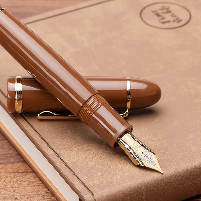 Jinhao X159 Brown Acrylic Fountain Pen, Size 8 Extra Fine Nib Gold Trim Classic Design Smooth Writing Pen with Converter