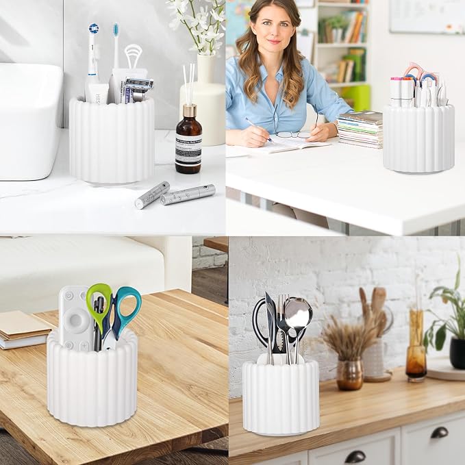 Rotating Makeup Brush Holder Organizer with Removable Dividers, White | 7 Slots Make Up Brush Organizer with Drawer 360 Spinning Cosmetic Storage Pen Holder for Desk, Vanity, Dresser