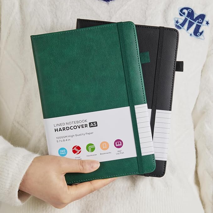 2 Pack Lined Journal Notebook, A5 (5.7"x8.4") Journaling Notebooks for Women Men Writing Work, Black Leather Hardcover, 160 Pages, 100GSM Paper, Daily Journal College Ruled, School Office Supplies