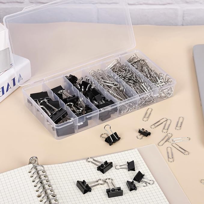 500PCS Paper Clips and Binder Clips Assorted Sizes,3 Sizes in One Pack, Large, Medium, Small,Silver PaperClips & Black Binder Clips for Home, School, Office Supplies