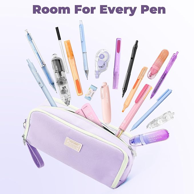 Four Candies Puple Pencil Case 3 Compartment Pouch, Large Pencil Case for School, Girls, Teen Boys, Women, Puple, Removable Handle & Zipper, Cute Pencil Bag for Office, College