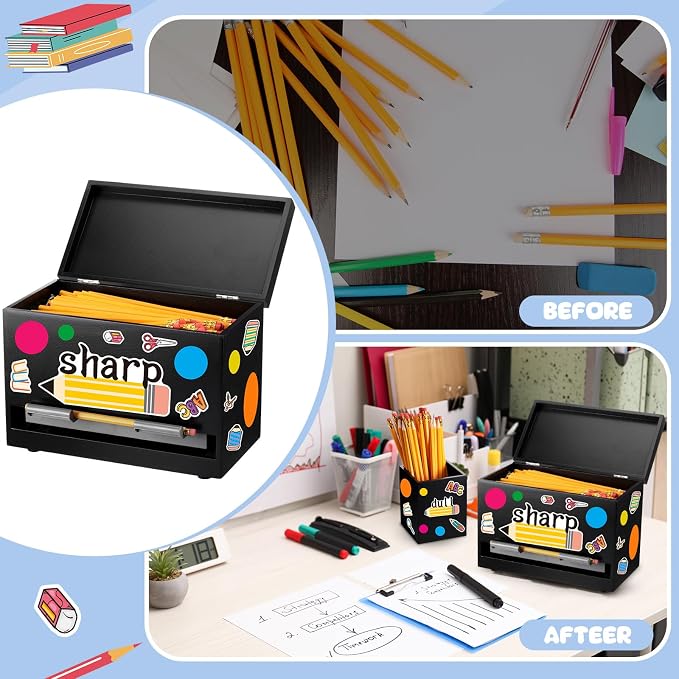 Mifoci 8 Pcs Wooden Pencil Dispenser Kit for Classroom Wooden Pen Holder Straw Dispenser Sharp and Dull Letter Stickers for Teachers Classroom Supplies Storage(Black)