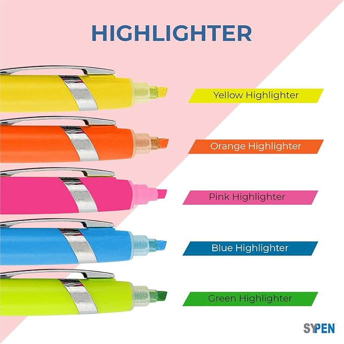 SyPen Highlighter with Ballpoint Pen Combo, Comes in an array of bright colors, 5 pack