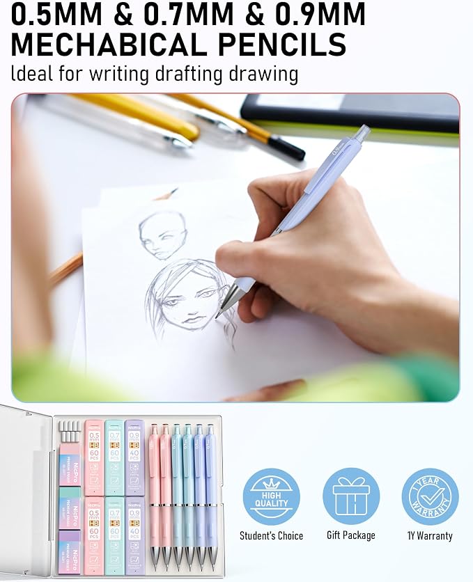 Nicpro 6PCS Pastel Mechanical Pencil Set, Cute Mechanical Pencils 0.5 mm & 0.7 mm & 0.9 mm with 360PCS HB Lead Refills, Eraser, Eraser Refill for Student Writing Drawing Sketching Drafting with Case