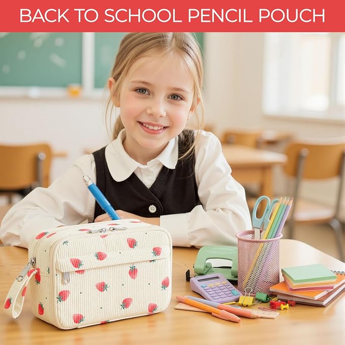WOBAGMEN Cute Pencil Case,Large Corduroy Zippered Pencil Case Pouch, aesthetic Pencil Bag with Compartments, Pencil Pouch School Supplies (Tiny Strawberry)